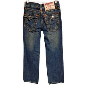 True Religion Billy Super T Jeans Mens 34 READ World Tour Patch Orange Yellow St